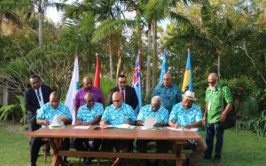  MSG leaders sign the two declarations after their retreat at Havana Boat Shed, North Efate. Photo: RNZ Pacific / Kelvin Anthony 