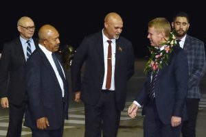 National Capital District Governor Powes Parkop (left) receives Prime Minister of New Zealand Chris Hipkins (right) at Port Moresby International Airport on May 21, 2023, ahead of the Forum for India–Pacific Islands Cooperation Summit in Papua New Guinea. [AFP]