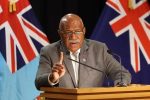 Fiji's Prime Minister Sitiveni Rabuka speaks to reporters during a joint press conference with New Zealand's Prime Minister Chris Hipkins at Parliament in Wellington on June 7, 2023. [Marty Melville/AFP]